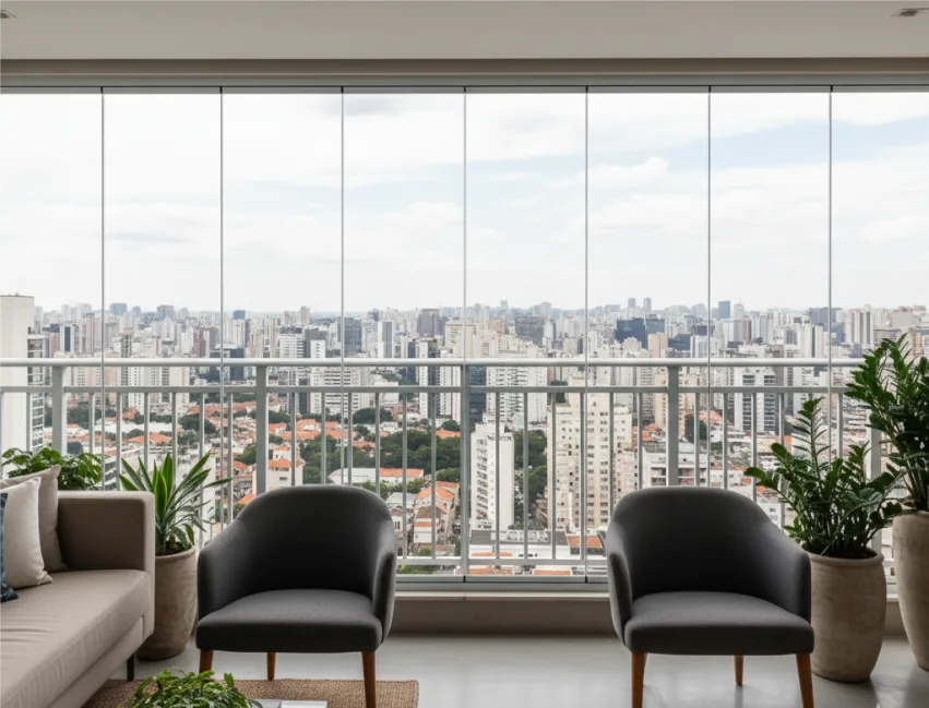 Varanda de apartamento de alto padrão envidraçada com vista panorâmica da cidade